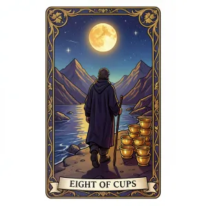 The Eight of Cups tarot card from the Rider-Waite-Smith deck