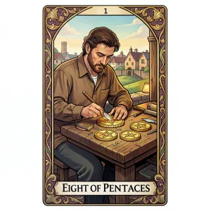The Eight of Pentacles tarot card from the Rider-Waite-Smith deck