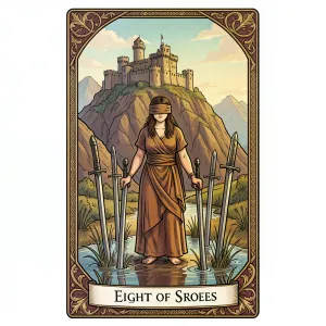 The Eight of Swords tarot card from the Rider-Waite-Smith deck