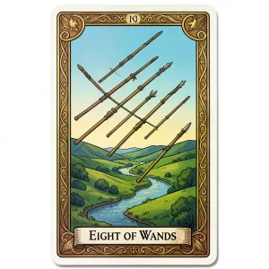 The Eight of Wands tarot card from the Rider-Waite-Smith deck