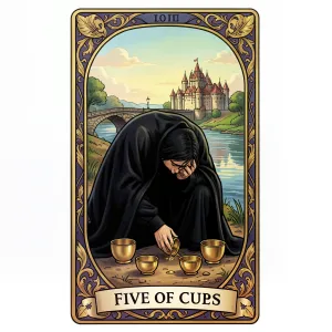 The Five of Cups tarot card from the Rider-Waite-Smith deck