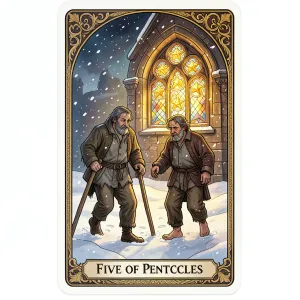 The Five of Pentacles tarot card from the Rider-Waite-Smith deck