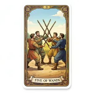 The Five of Wands tarot card from the Rider-Waite-Smith deck