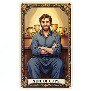 The Nine of Cups tarot card from the Rider-Waite-Smith deck