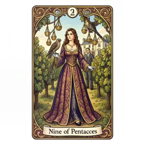 The Nine of Pentacles tarot card from the Rider-Waite-Smith deck
