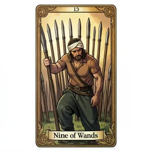 The Nine of Wands tarot card from the Rider-Waite-Smith deck