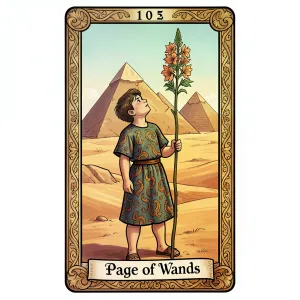The Page of Wands tarot card from the Rider-Waite-Smith deck