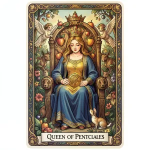 The Queen of Pentacles tarot card from the Rider-Waite-Smith deck