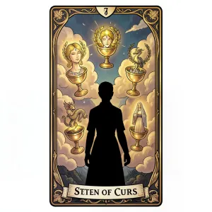 The Seven of Cups tarot card from the Rider-Waite-Smith deck