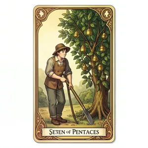 The Seven of Pentacles tarot card from the Rider-Waite-Smith deck
