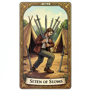 The Seven of Swords tarot card from the Rider-Waite-Smith deck