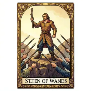 The Seven of Wands tarot card from the Rider-Waite-Smith deck