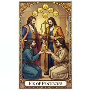 The Six of Pentacles tarot card from the Rider-Waite-Smith deck