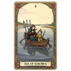 The Six of Swords tarot card from the Rider-Waite-Smith deck
