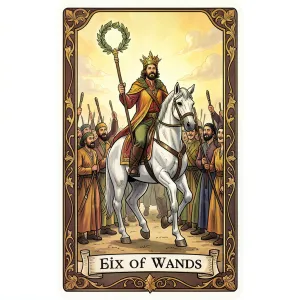The Six of Wands tarot card from the Rider-Waite-Smith deck