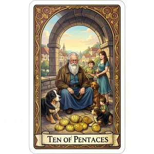 The Ten of Pentacles tarot card from the Rider-Waite-Smith deck