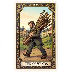 The Ten of Wands tarot card from the Rider-Waite-Smith deck