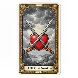 The Three of Swords tarot card from the Rider-Waite-Smith deck