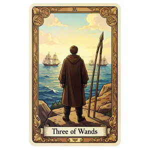 The Three of Wands tarot card from the Rider-Waite-Smith deck