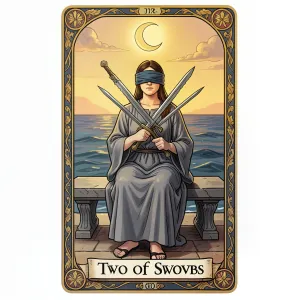 The Two of Swords tarot card from the Rider-Waite-Smith deck